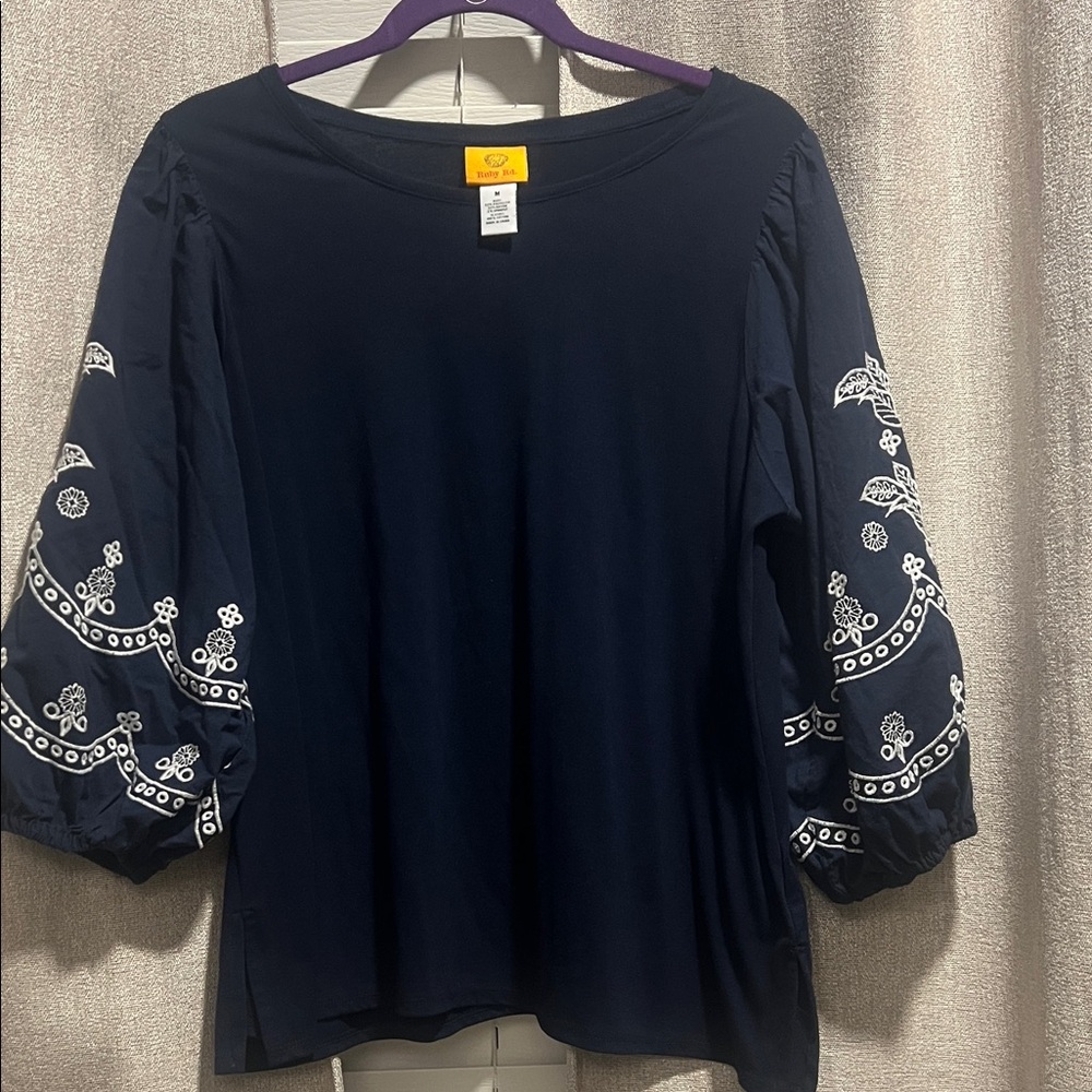 Ruby Rd. Navy Blue Embroidered Balloon Sleeve Blouse